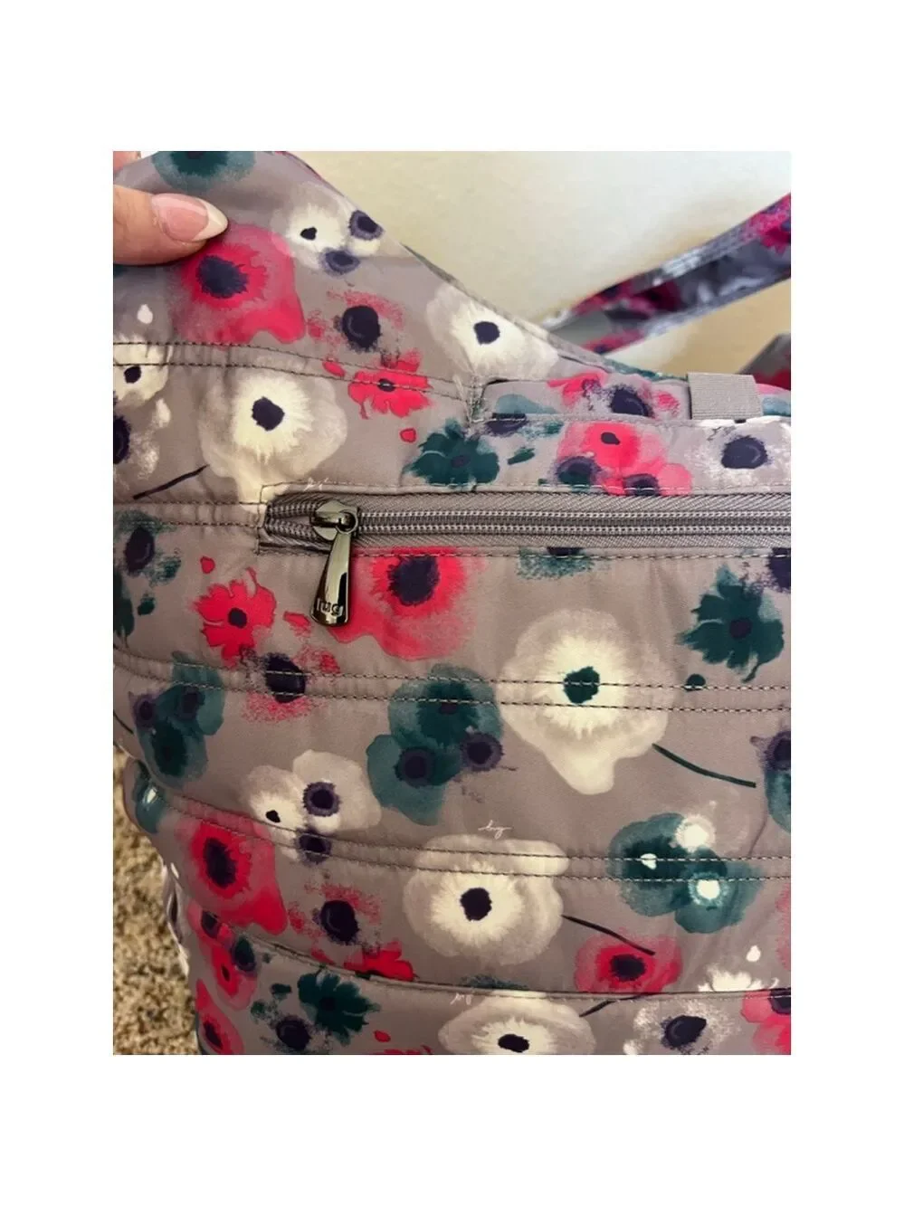 Women's Lug One Size Grey Pink Floral Puffer Hobo Bag
